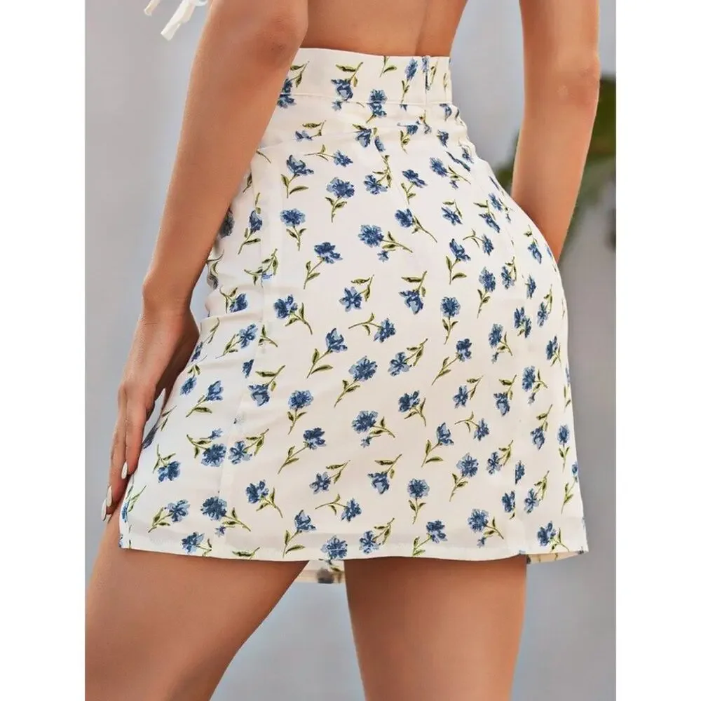Shein White & Blue Floral Mini Skirt with Side Slit Medium Coquette Cottage